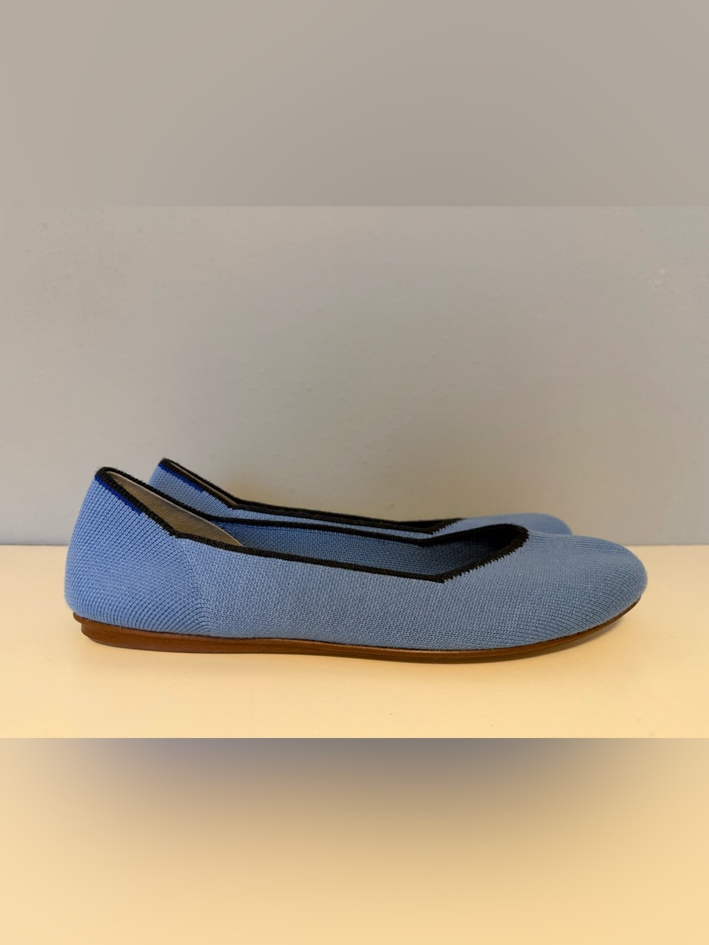Rothy's Sky Blue Knit Ballet Flat with Black Trim